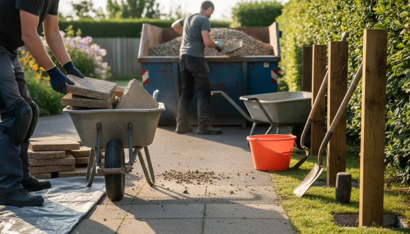 Fjernelse af fliser og udgravning af grus ved en indkørsel med container og værktøj.