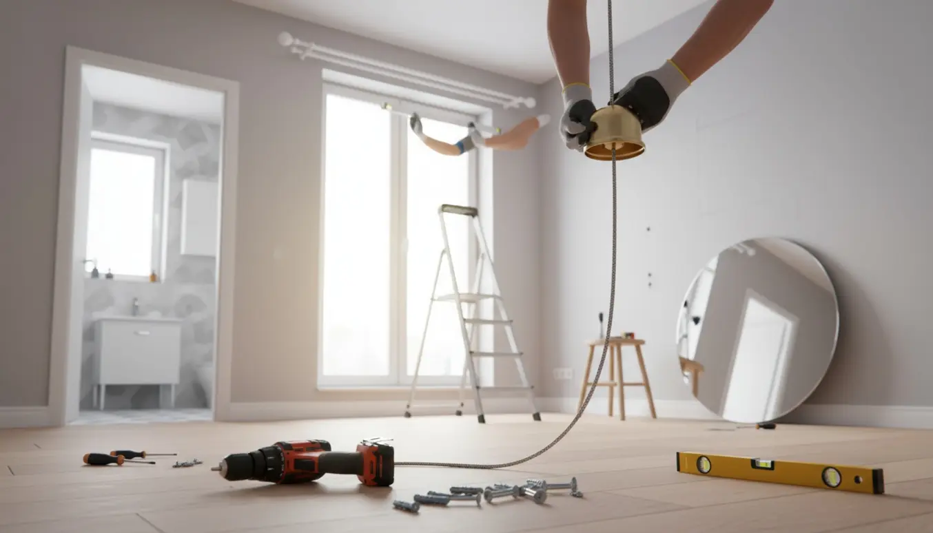 Lyst boliginteriør med boremaskine, hængende lampe ved krog, stort rundt spejl og gardinstang klar til ophæng.