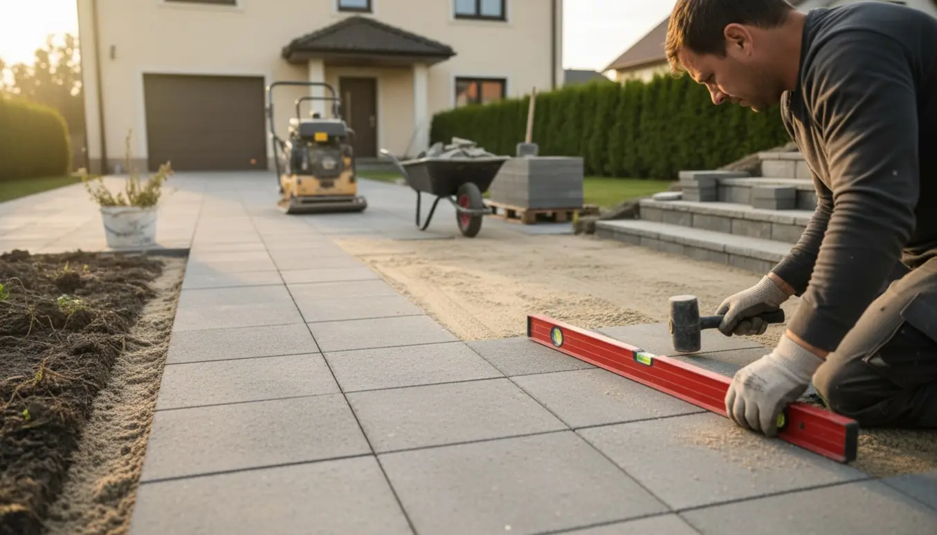Håndværker lægger store kvadratiske fliser på indkørsel ved hus, med trappe og fjernet blomsterbed i baggrunden.