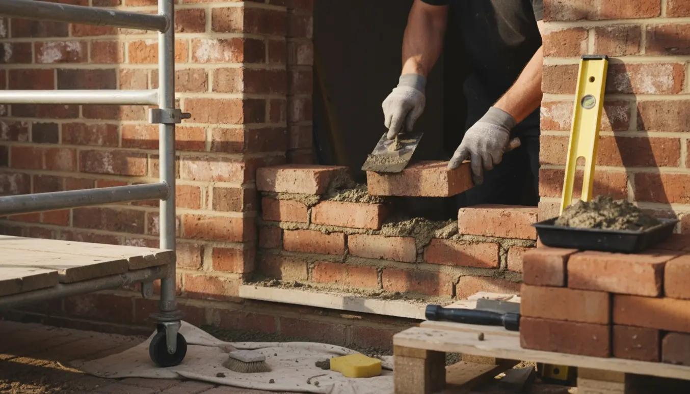 En håndværker murer en dør til med mursten og mørtel, så facaden passer til resten af muren.