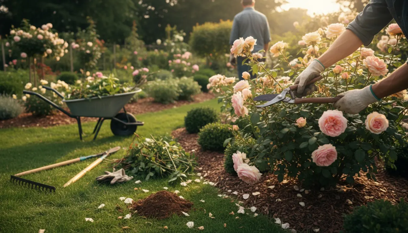 Hænder med beskæresaks klipper roser i en stor have med en trillebør og en bunke klippede grene.