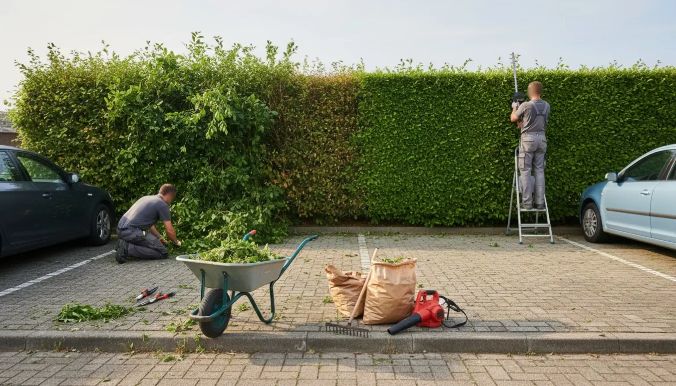 Hæk på cirka 30 meter bliver klippet og ukrudt fjernet ved en parkeringsplads til syv biler.