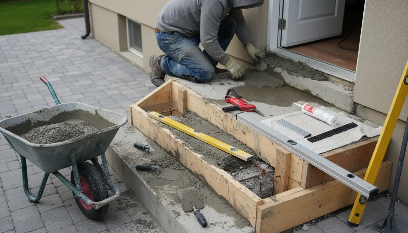 Renovering af udendørstrappe i beton med arbejdshænder og tætning ved dørkarmen.