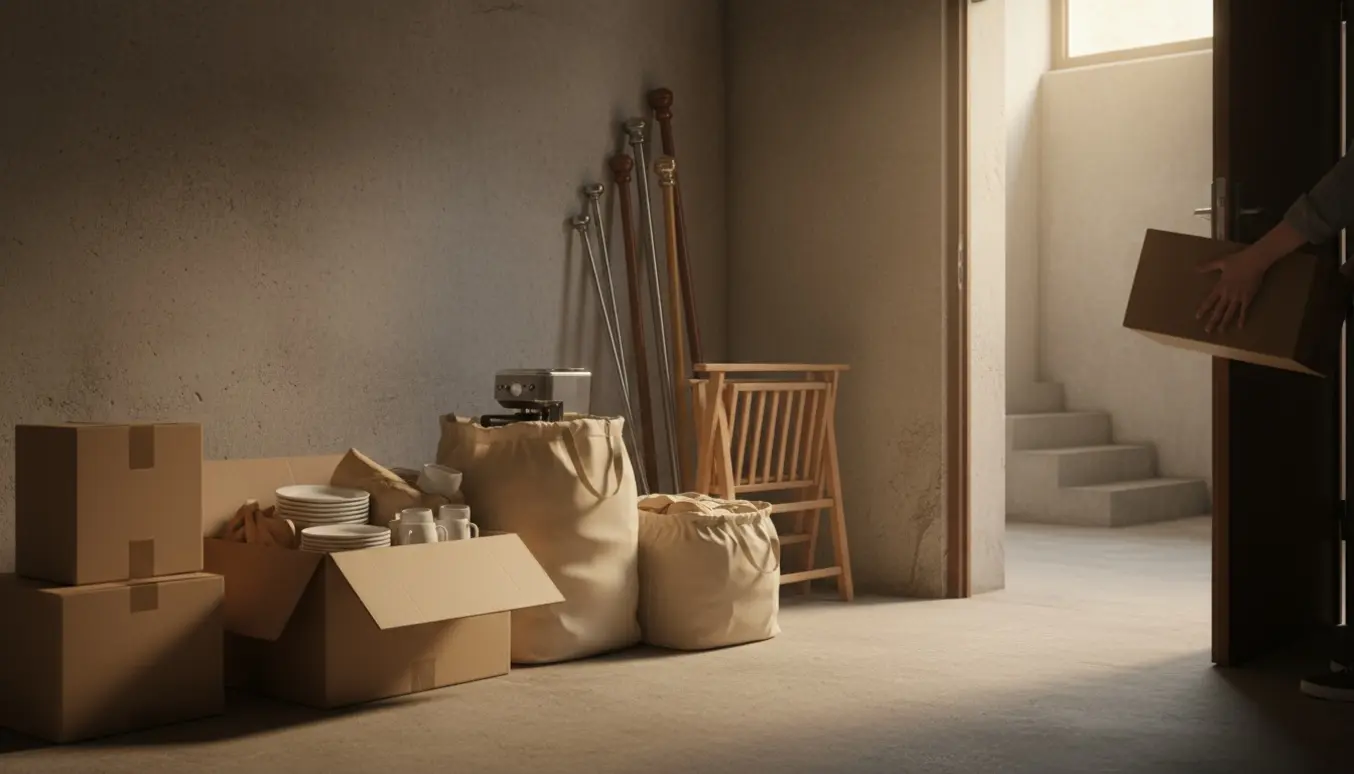 Flyttekasser, poser, gardinstænger og et træ-garderobestativ står klar uden for et åbent kælderrum til bortskaffelse.