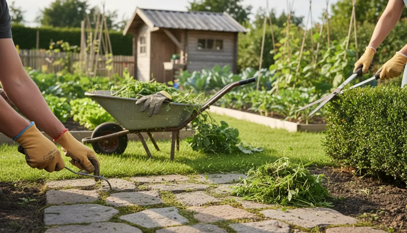 Nærbillede af fællesareal ved en kolonihave hvor ukrudt fjernes fra stien, græskant klippes og hækken ordnes.