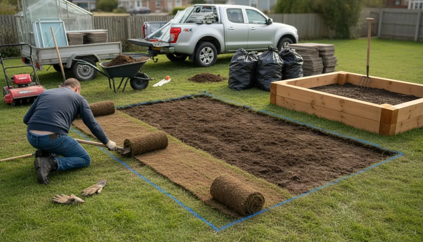 Haveområde hvor øverste jord og græs er fjernet ved højbede og læsset på trailer til bortkørsel.