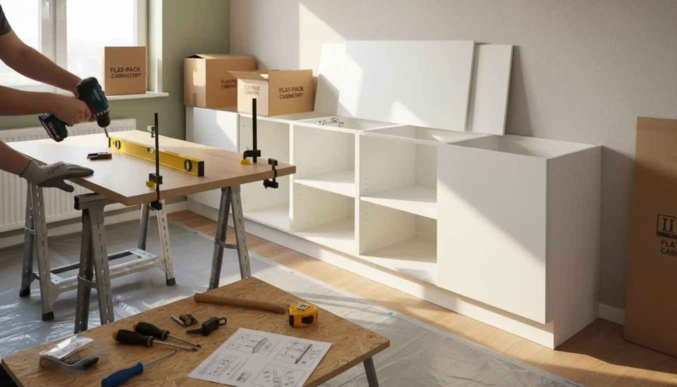 Hænder monterer køkkenskabe i et lyst rum med fladpakkede kasser og værktøj.