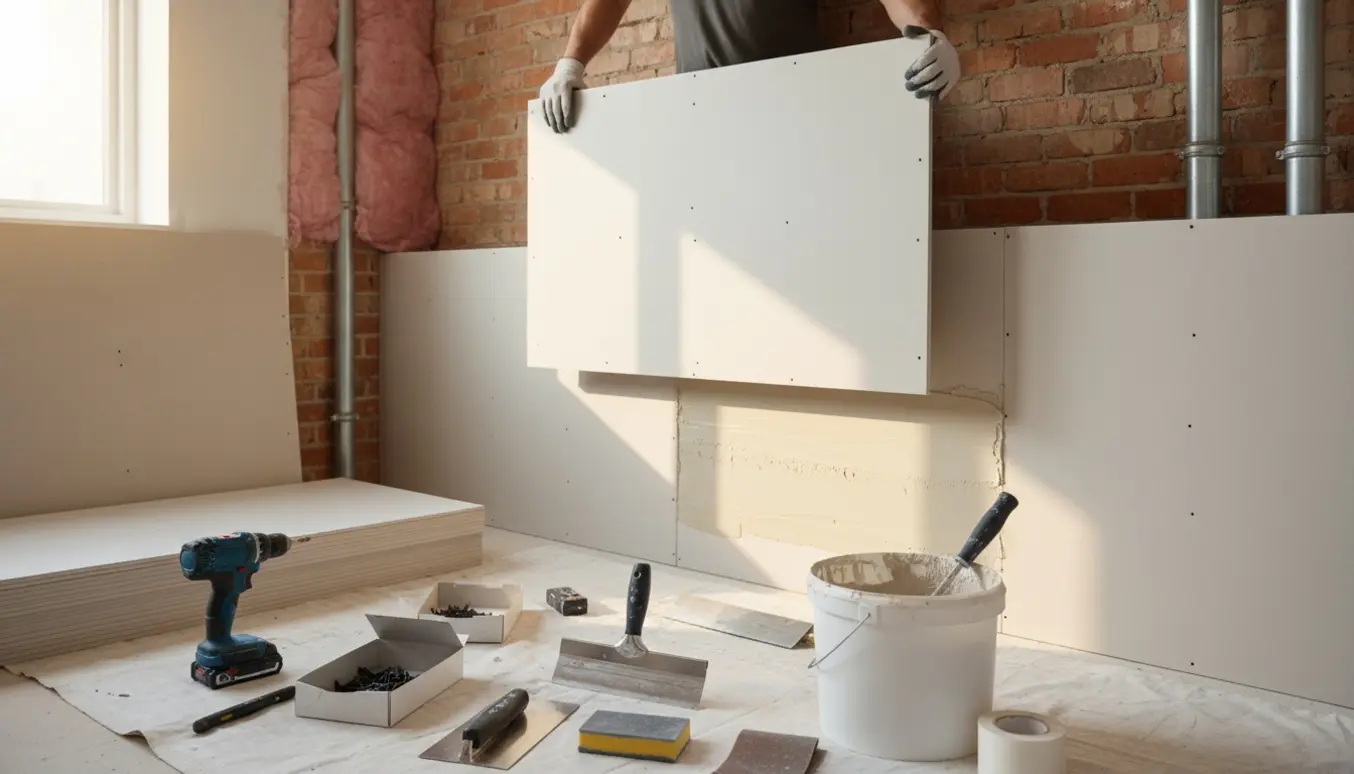 Håndværker sætter gipsplader op og spartler en soveværelsesvæg, mens Rockwool trykkes ind omkring rør i et hjørne.