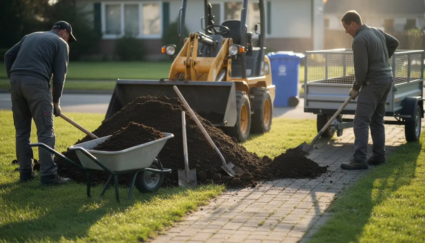 Stor bunke jord ved en sti med frontlæsser og trailer, håndværkere læsser jord i wheelbarrow.