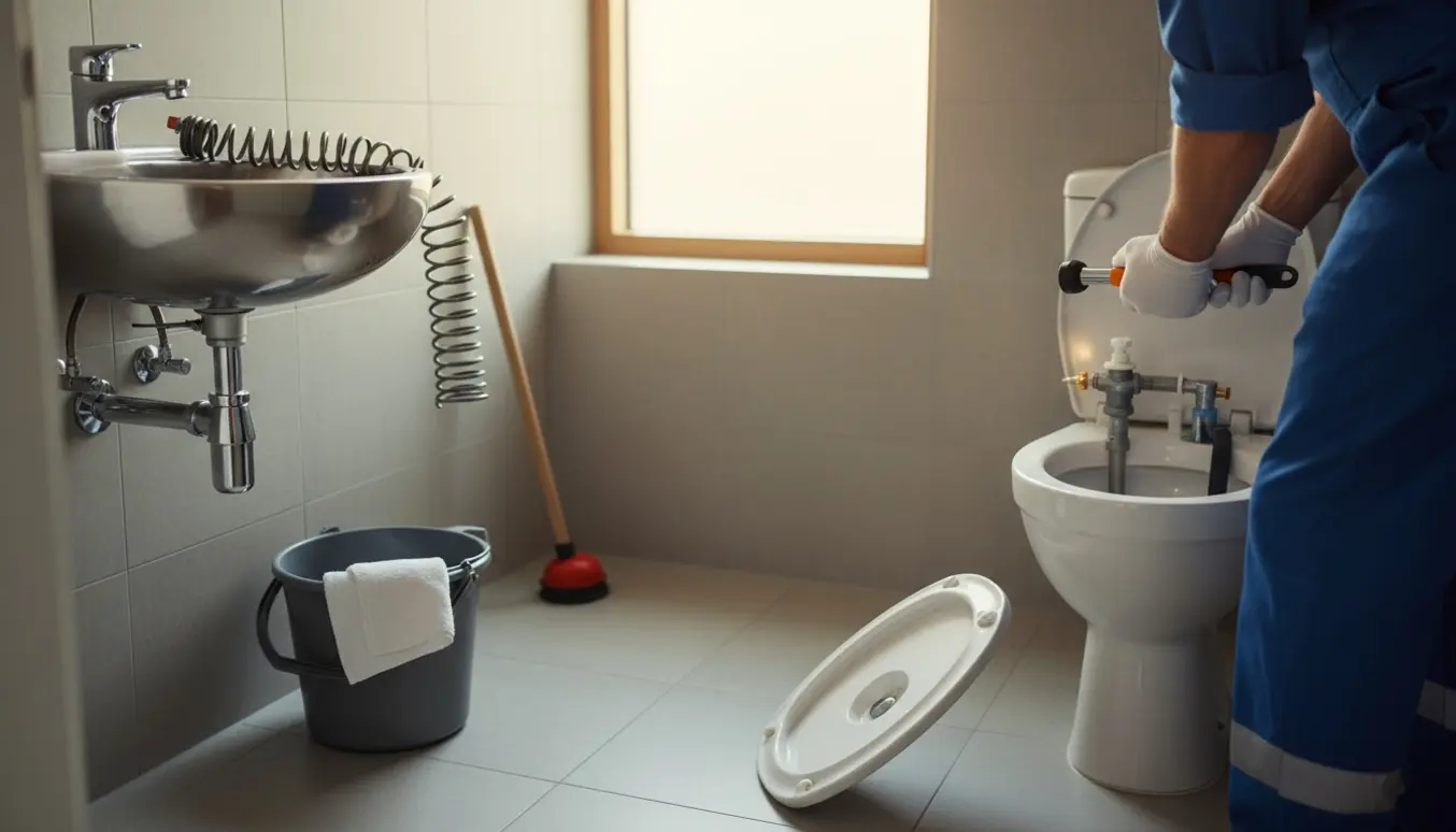 Tekniker inspicerer et langsomt rindende afløb og en åben toilettank i et klinik-badeværelse.
