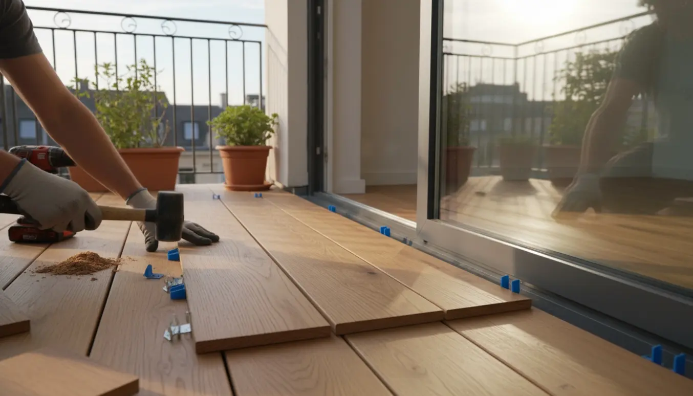 Nærbillede af installation af trægulv på altan, hvor plankerne matches med det indendørs gulv gennem en åben terrassedør.