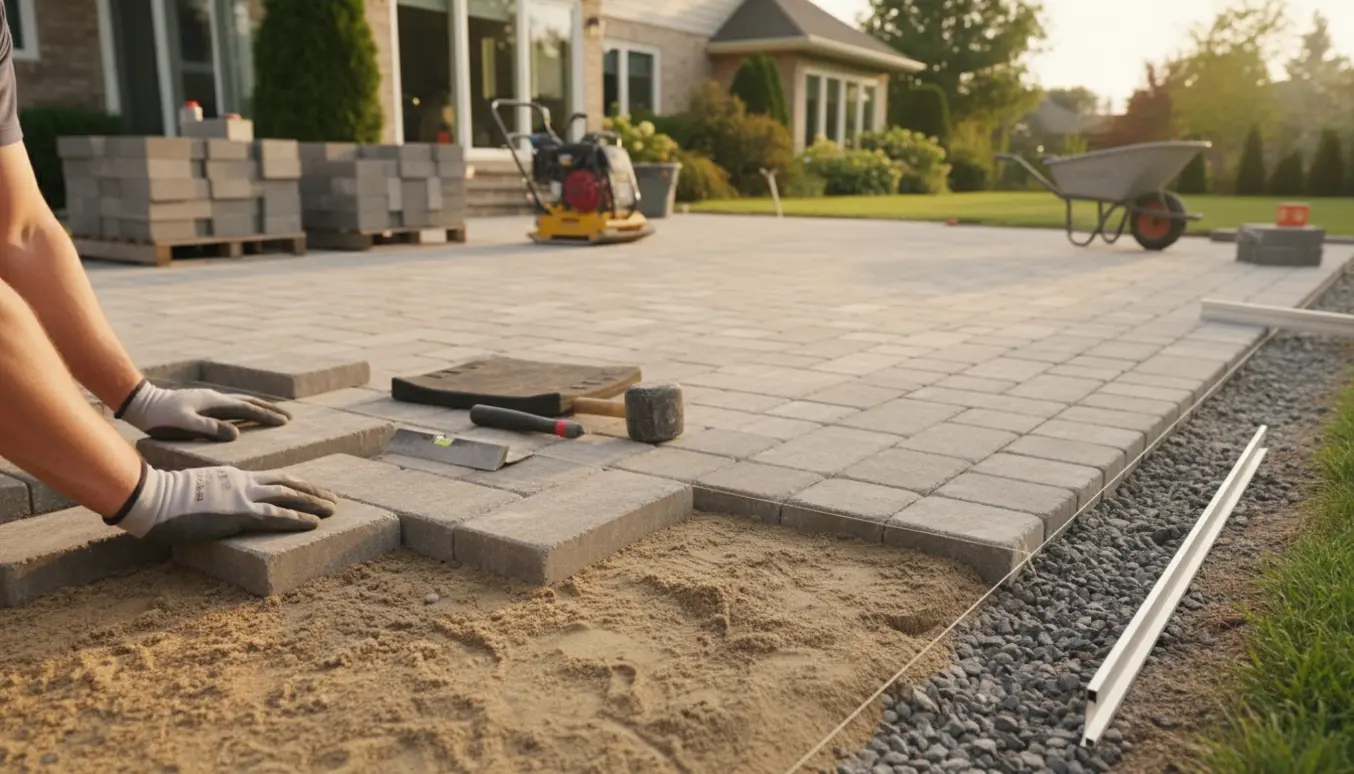 Fliselægning i en baghave med hænder, stabilt grus, værktøj og nyanlagte fliser i varmt sollys.
