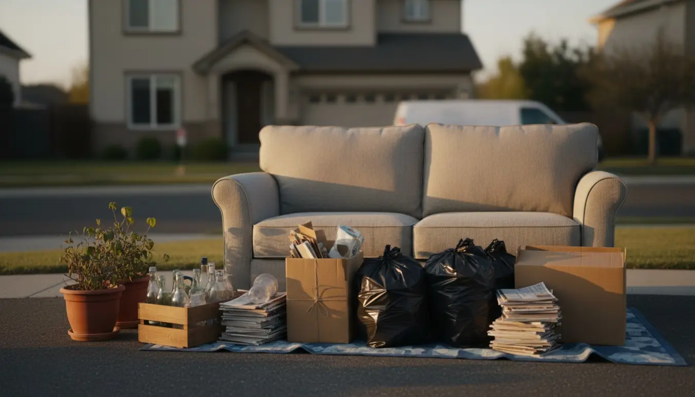 Kantstillede sorte sække, pap, plast, to visne potteplanter og en to-personers sofa klar til afhentning.