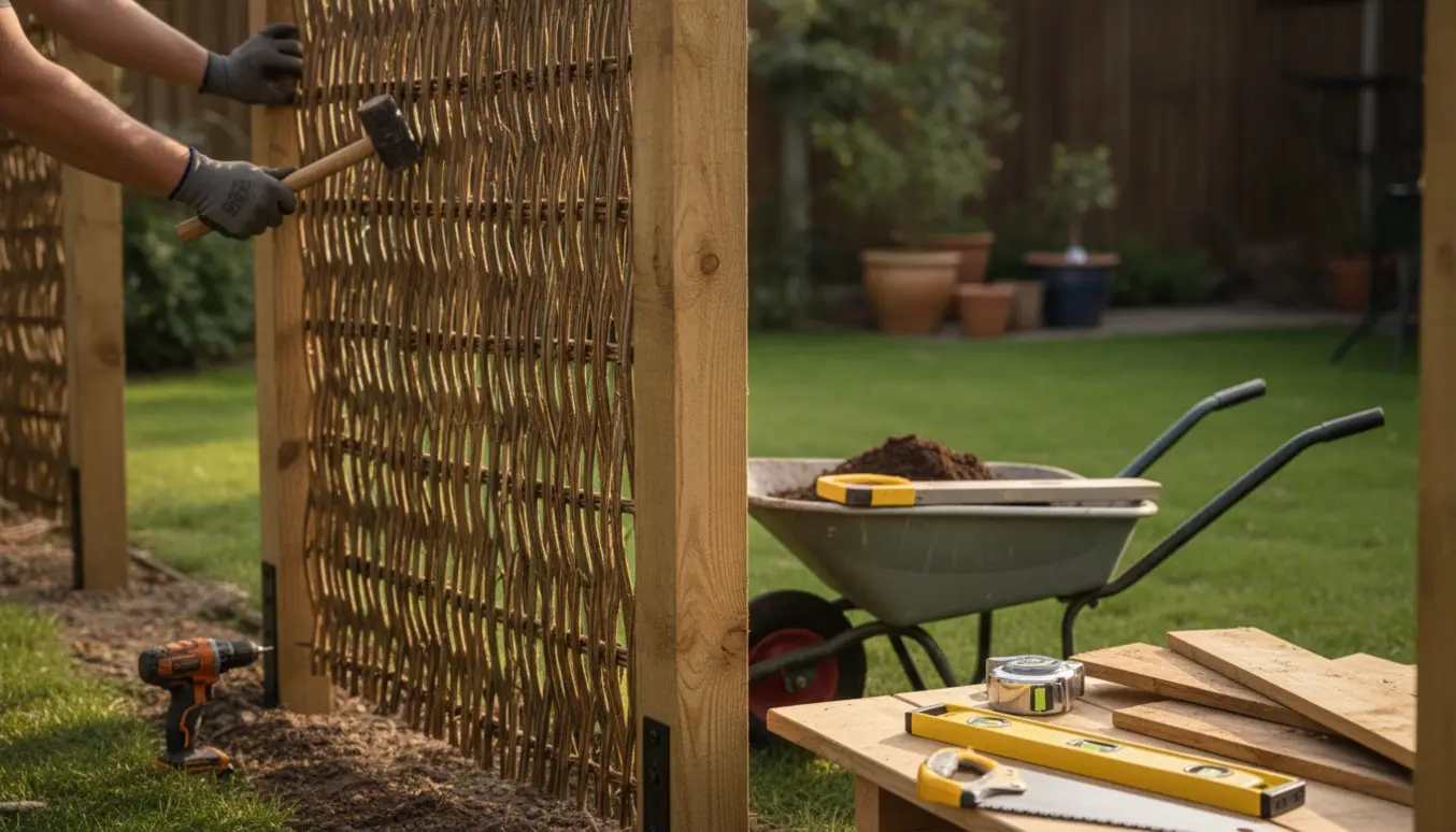 Nærbillede af opsætning af pileflethegn i en have med værktøj og handsker.