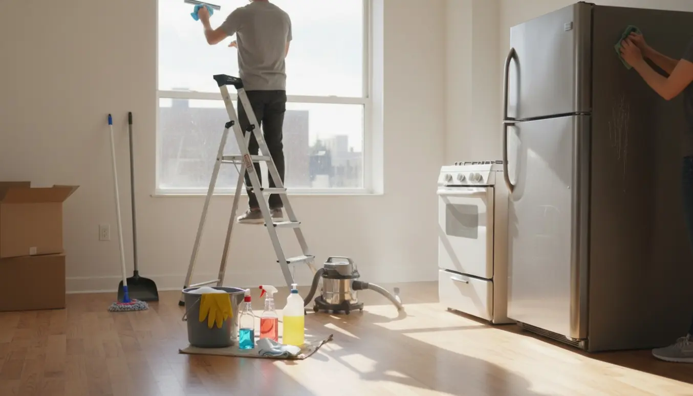 Flytterengøring i tom lejlighed med stor stige ved vindue, rengøringsudstyr og rengøring bag komfur og køleskab.