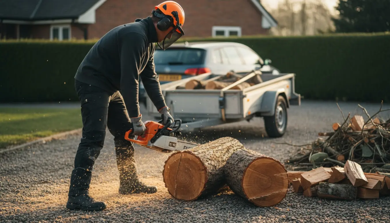 Person set fra ryggen skærer et fældet træ i mindre stykker ved en bil og trailer nær Beder.