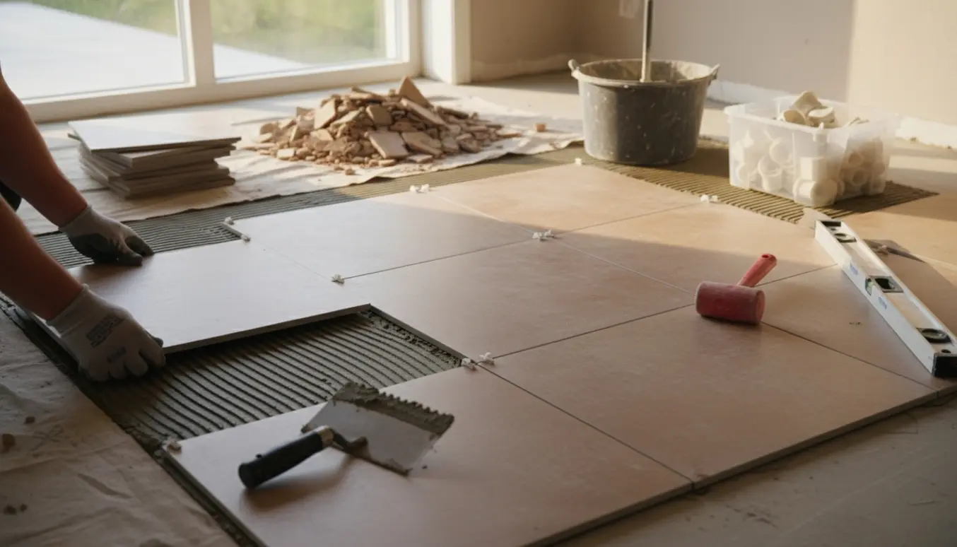 Hænder lægger en 50x50 cm flise på et forberedt gulv med værktøj, stak nye fliser og afretningskrus ved siden af.