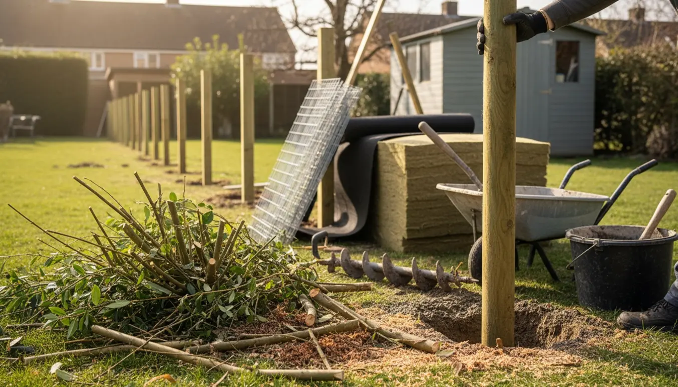 Rydning af hæk og opsætning af trykimprægnerede hegnspæle i beton med isoleringsbatts og rionet i baggrunden.