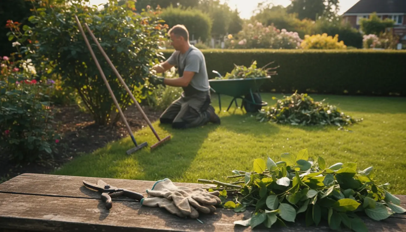 Nærbillede af havesakse og handsker foran en nyslået hæk og en vogn med grønt affald.