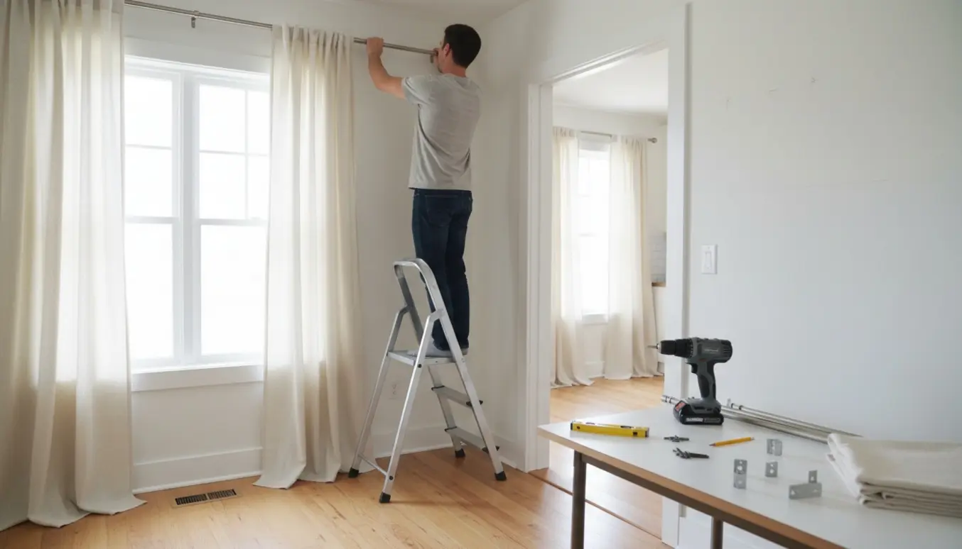 Hænder monterer gardinstang over soveværelsesvindue med gardiner og værktøj i et lyst hjem.