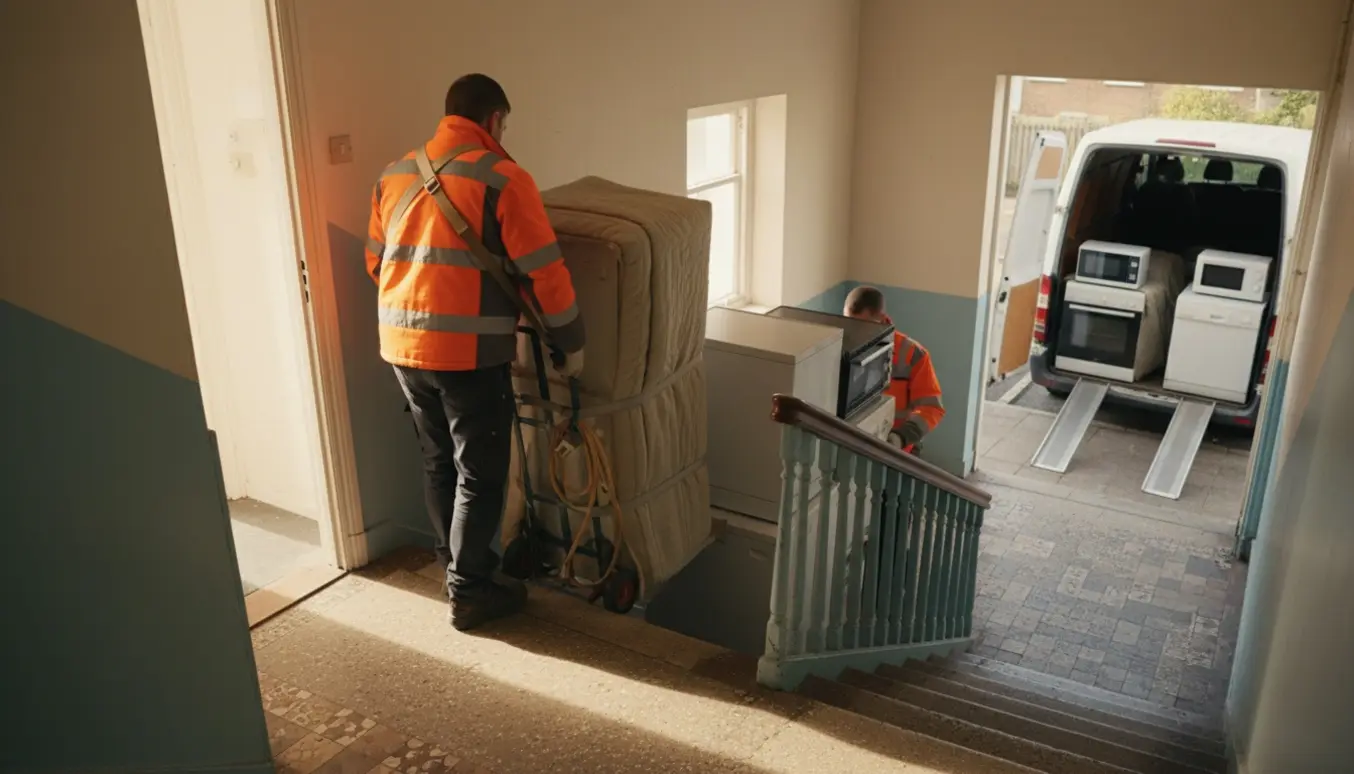 Flyttefolk bærer vaskemaskine, køleskab og ovn ned ad en trappe mod en varevogn til genbrug.