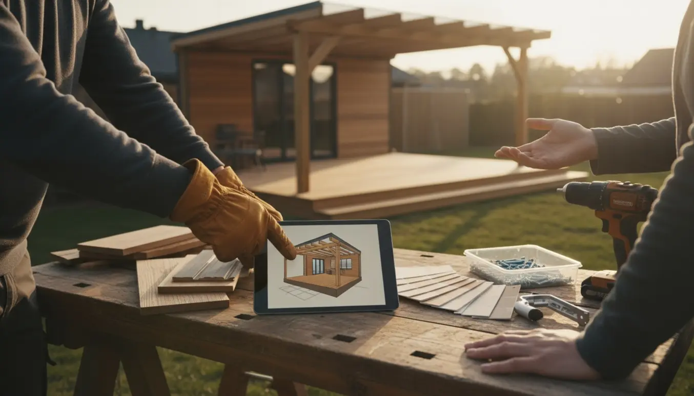 Hænder peger på materialprøver og en tablet med 3D-model ved et arbejdsbord i haven foran en overdækket terrasse.