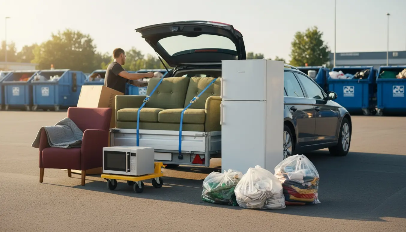 Bil og trailer aflaster sofa, kølefryseskab, mikroovn og klare sække med sorteret glas og tekstil ved en genbrugsplads.