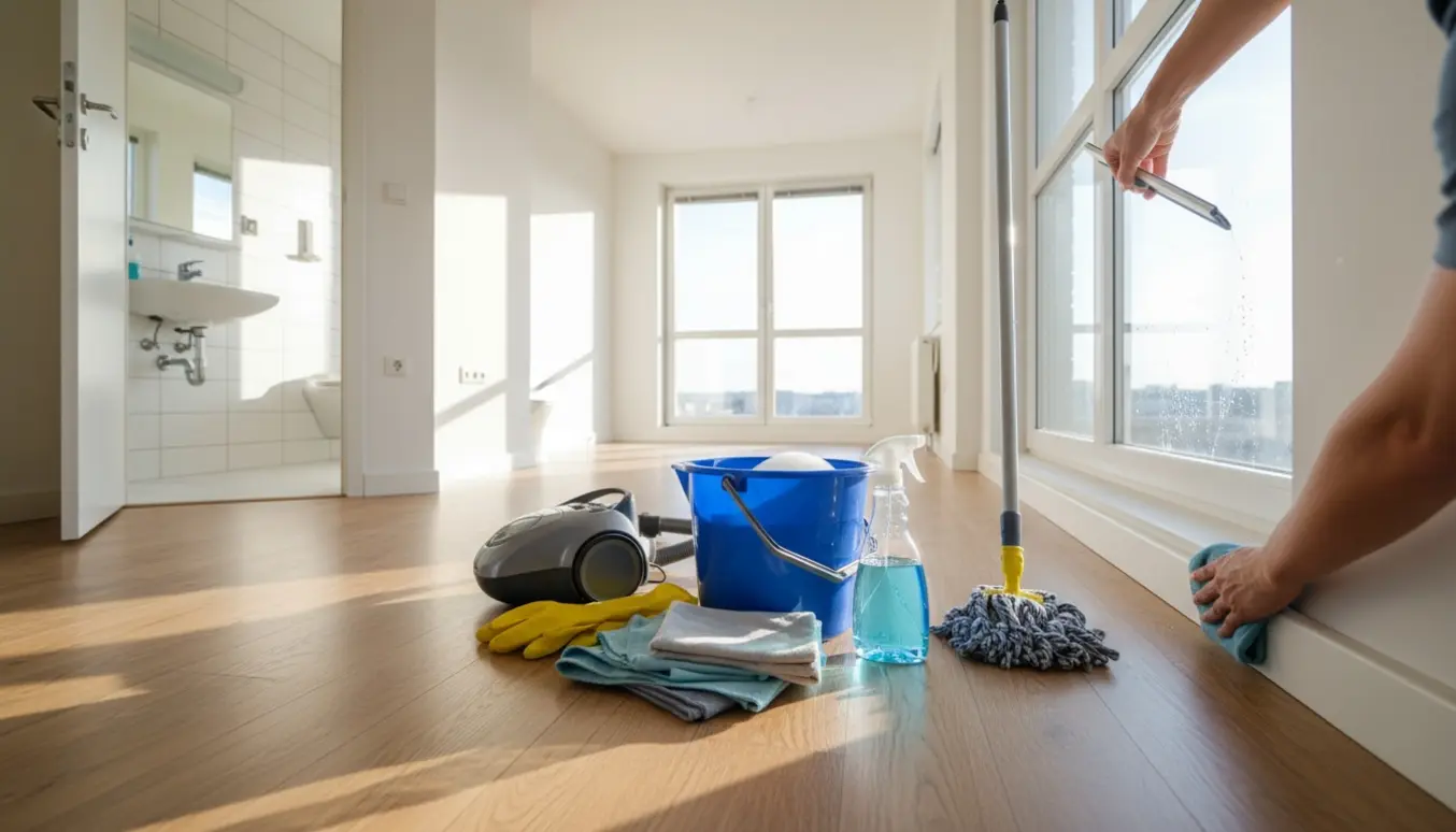 Soloplyst, tom toværelses lejlighed under flytterengøring med rengøringsudstyr og skinnende gulve og badeværelse.