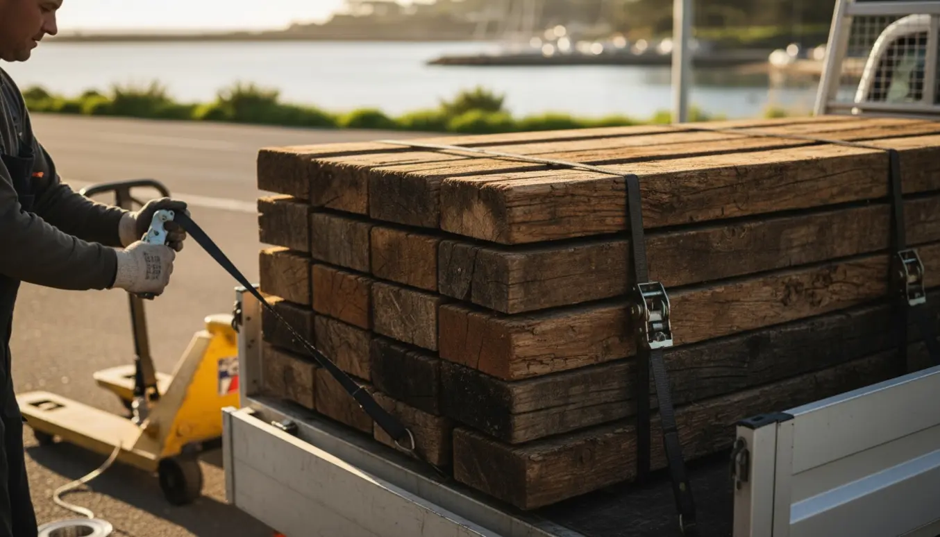 Stablet jernbanesveller på en pickup, sikret med stropper klar til afhentning ved en kystvej.