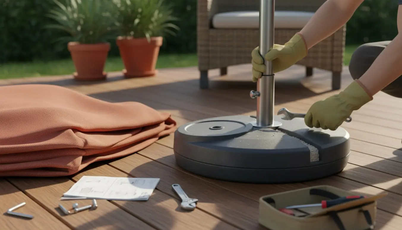 Nærbillede af samling af stor parasol på træterrasse med sandfyldt parasolfod og værktøj.