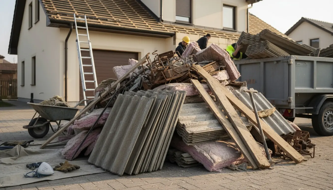 Trailer med byggeaffald fra tagrenovering med eternitplader, Rockwool, træplanker og metal ved et hus.