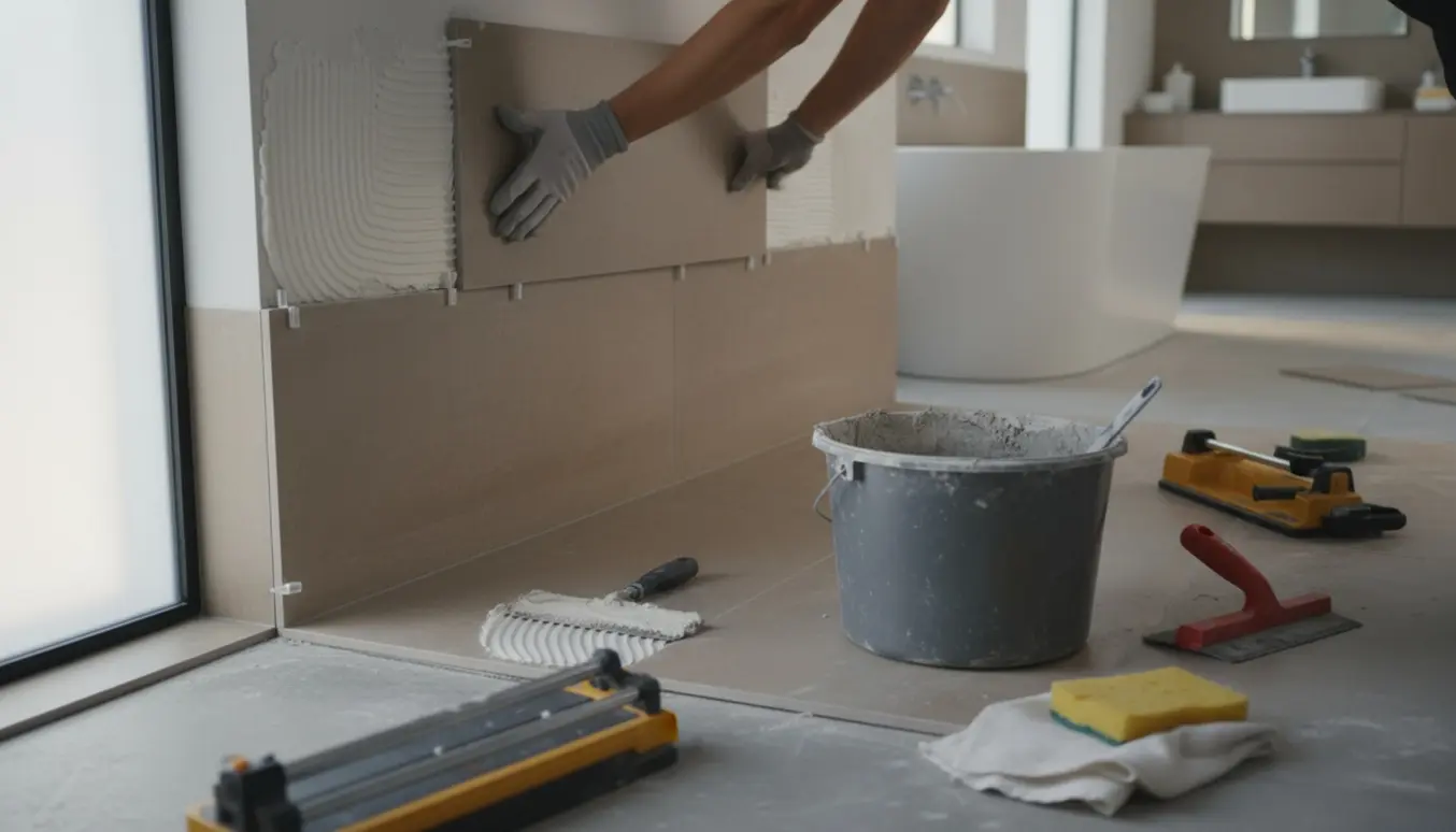 Hænder placerer nye grå fliser på badeværelsesvæg og gulv med flisekryds og værktøj i nærheden.