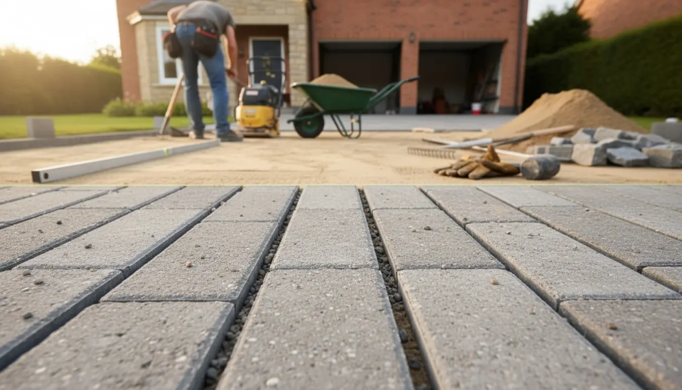 Indkørsel under genetablering med lagt stabilgrus, fire kørerstriber af fliser, værktøj og småsten klar til fugning.