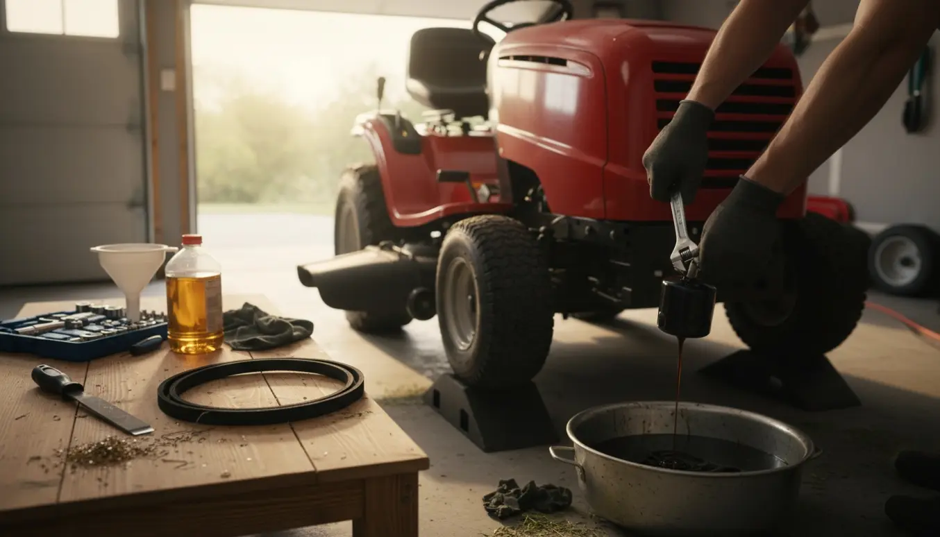 Havetraktor i garage under service med hænder, der skifter olie og oliefilter, ny drivrem og nyligt slebne knive på værkstedet.