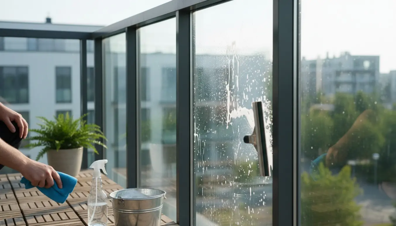 Hænder pudser tre moderne termoruder og en glasaltan med en vinduesskraber og spand i naturligt dagslys.
