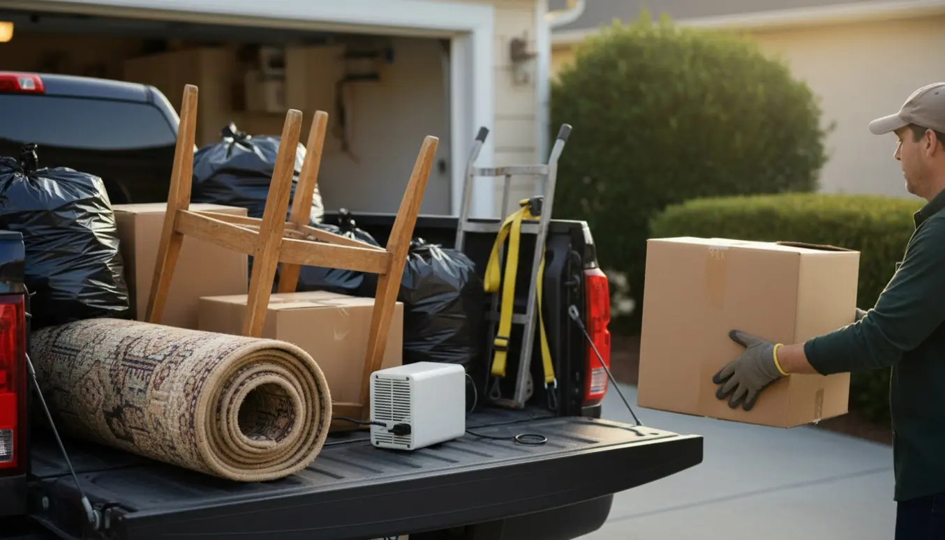 Person læsser husaffald og møbler i en pickup på indkørslen klar til kørsel til genbrugspladsen.