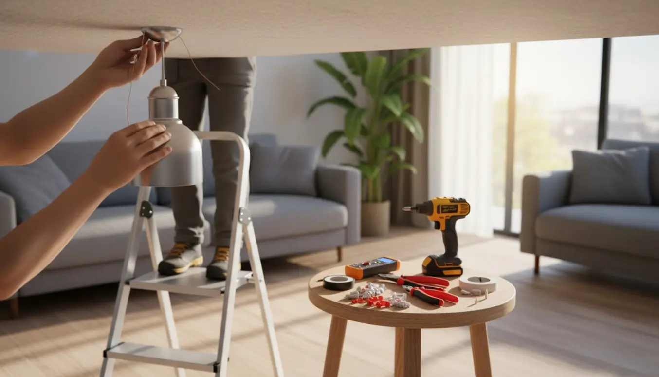 Hænder monterer en loftlampe i en lys stue med værktøj samlet på en skammel.