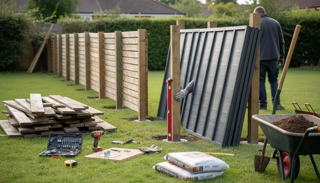 Delvist opsat komposithegn i en have med nye paneler, stolper og værktøj klar til montering.