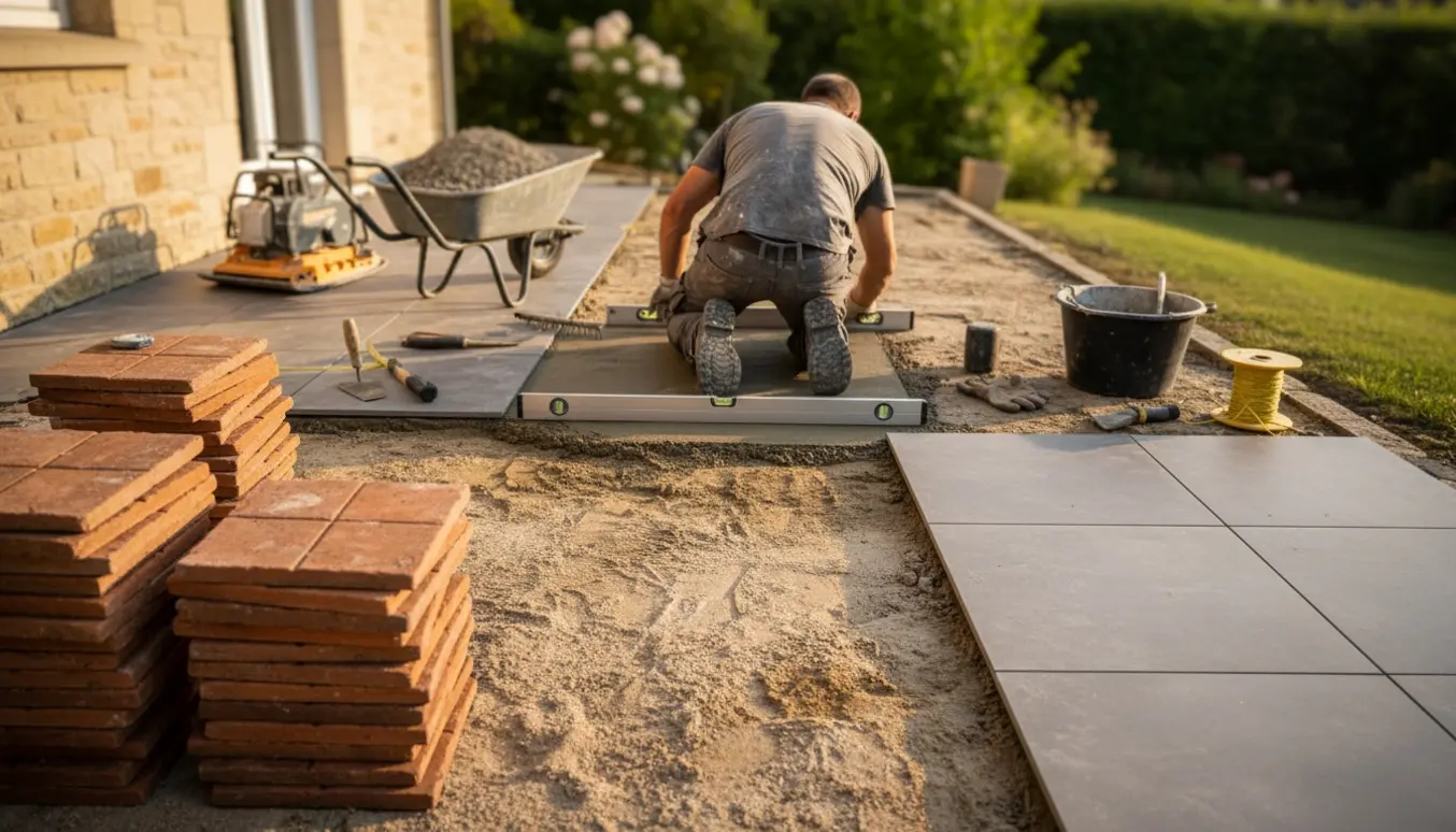 Terrasse under renovering med fjernede fliser, håndværker justerer underlaget med rettesnor og nye fliser stablet klar.