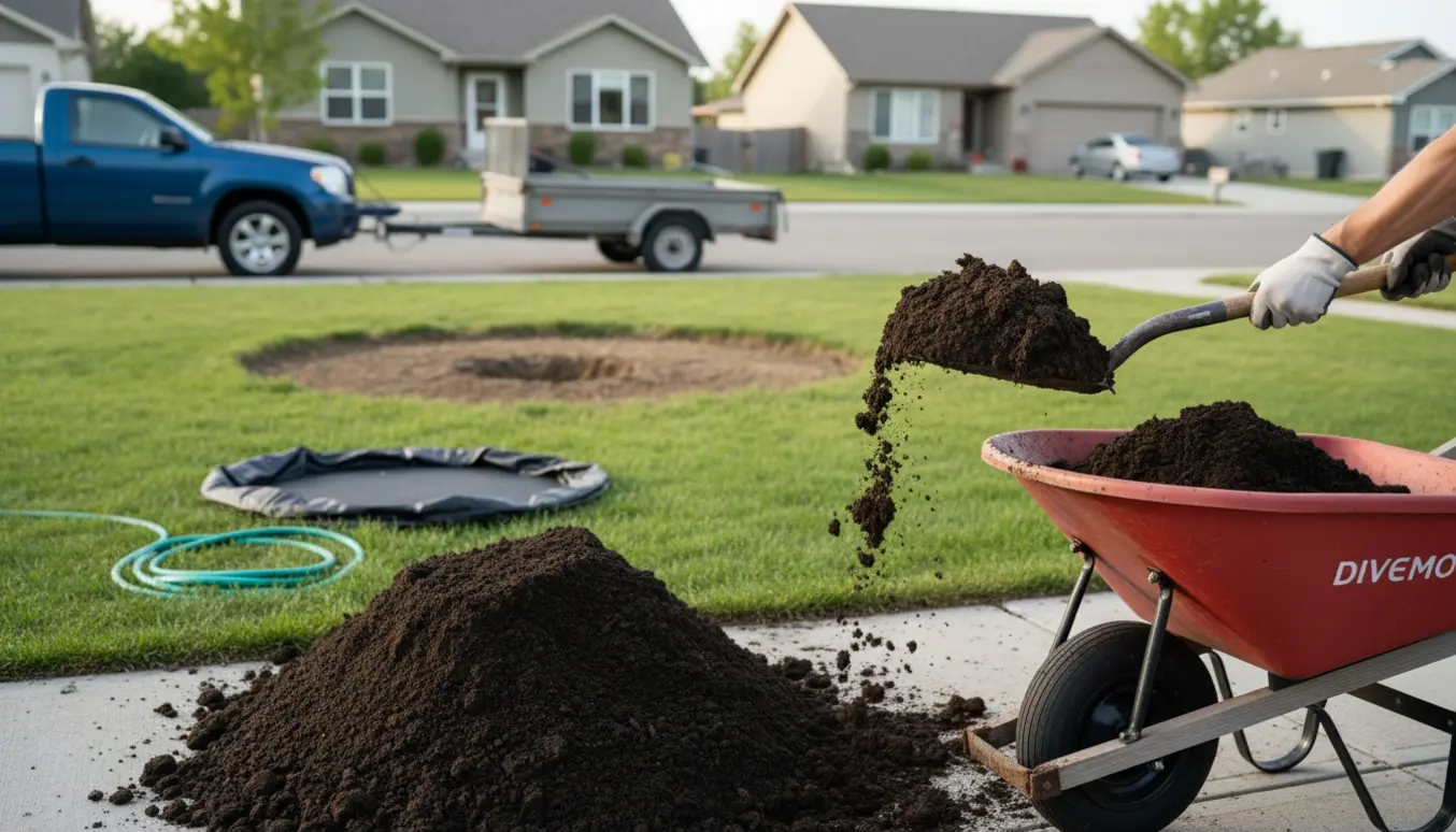Bunke jord på fortovet ved en udgravning, hvor handsker og skovl fylder jord i en trailer til bortkørsel.