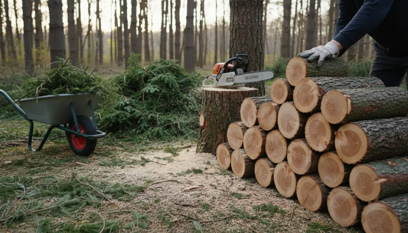 Nysavede 30 cm grantræsstykker stablet ved en motorsav og en vogn med grenaffald.