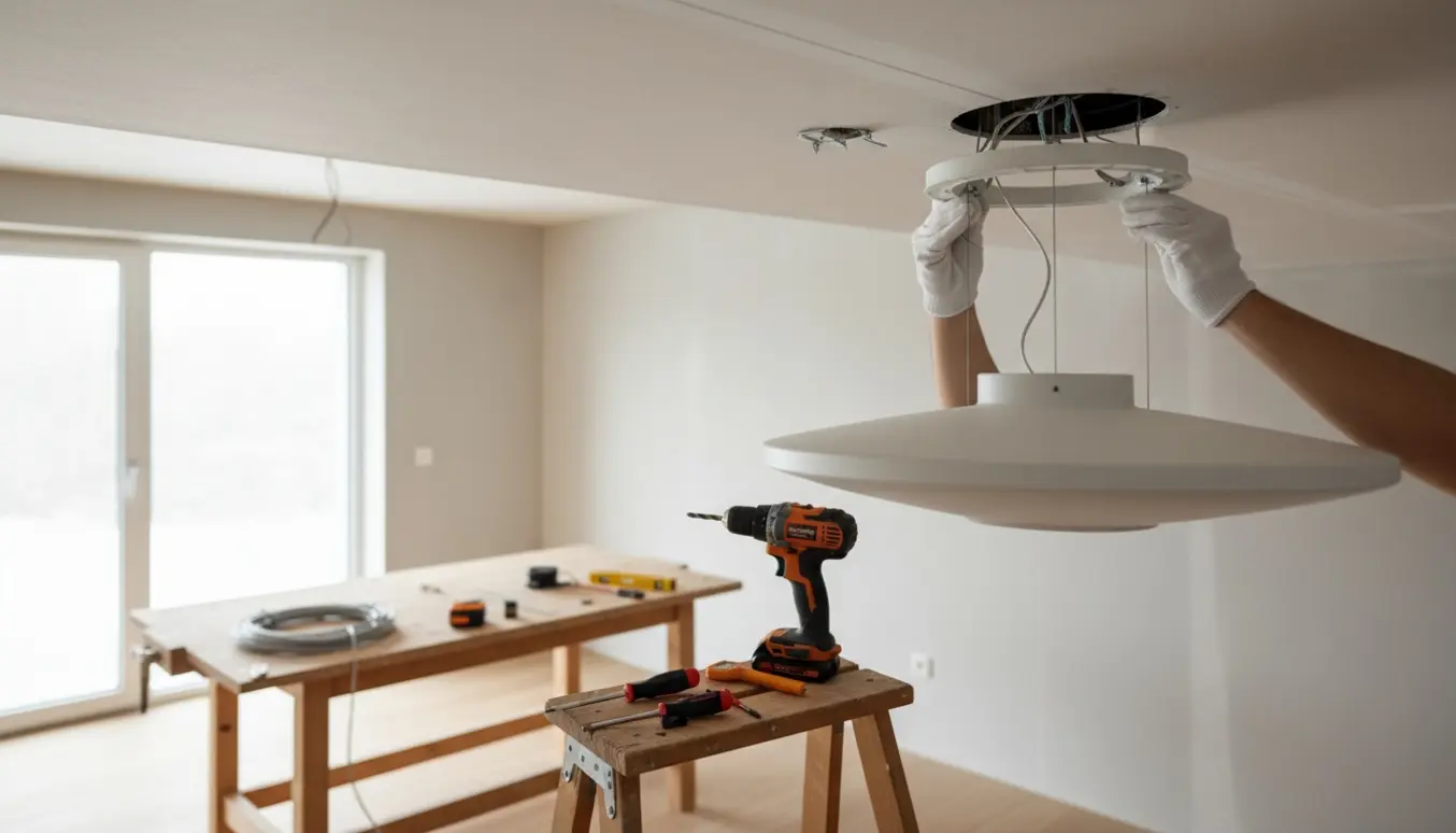 Montering af rund hvid loftslampe (Ø45) på nymalet gipsloft med loftskjuler og værktøj.