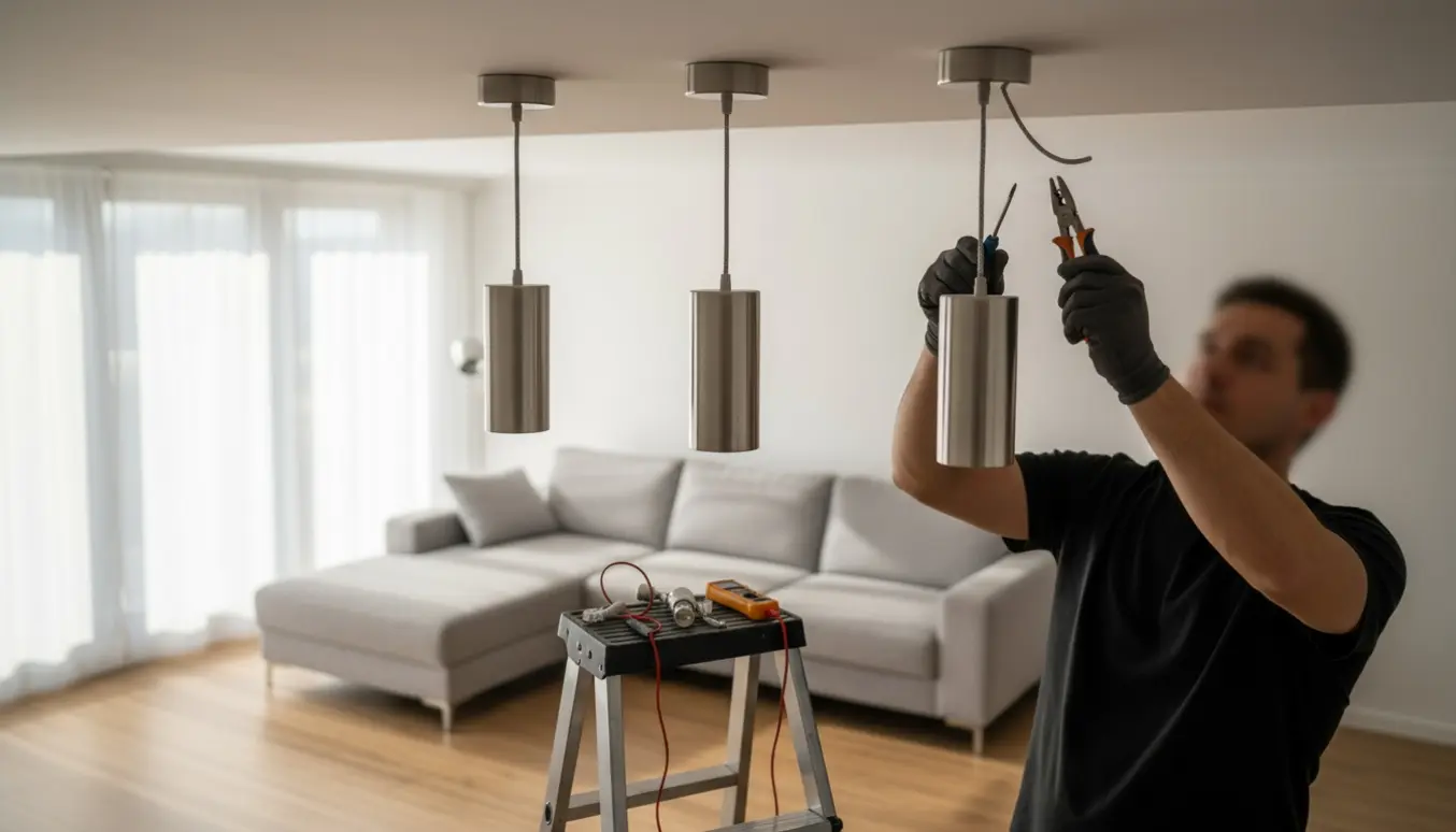 Elektriker monterer tre loftslamper fra en stige, kun hænder og værktøj er synlige.