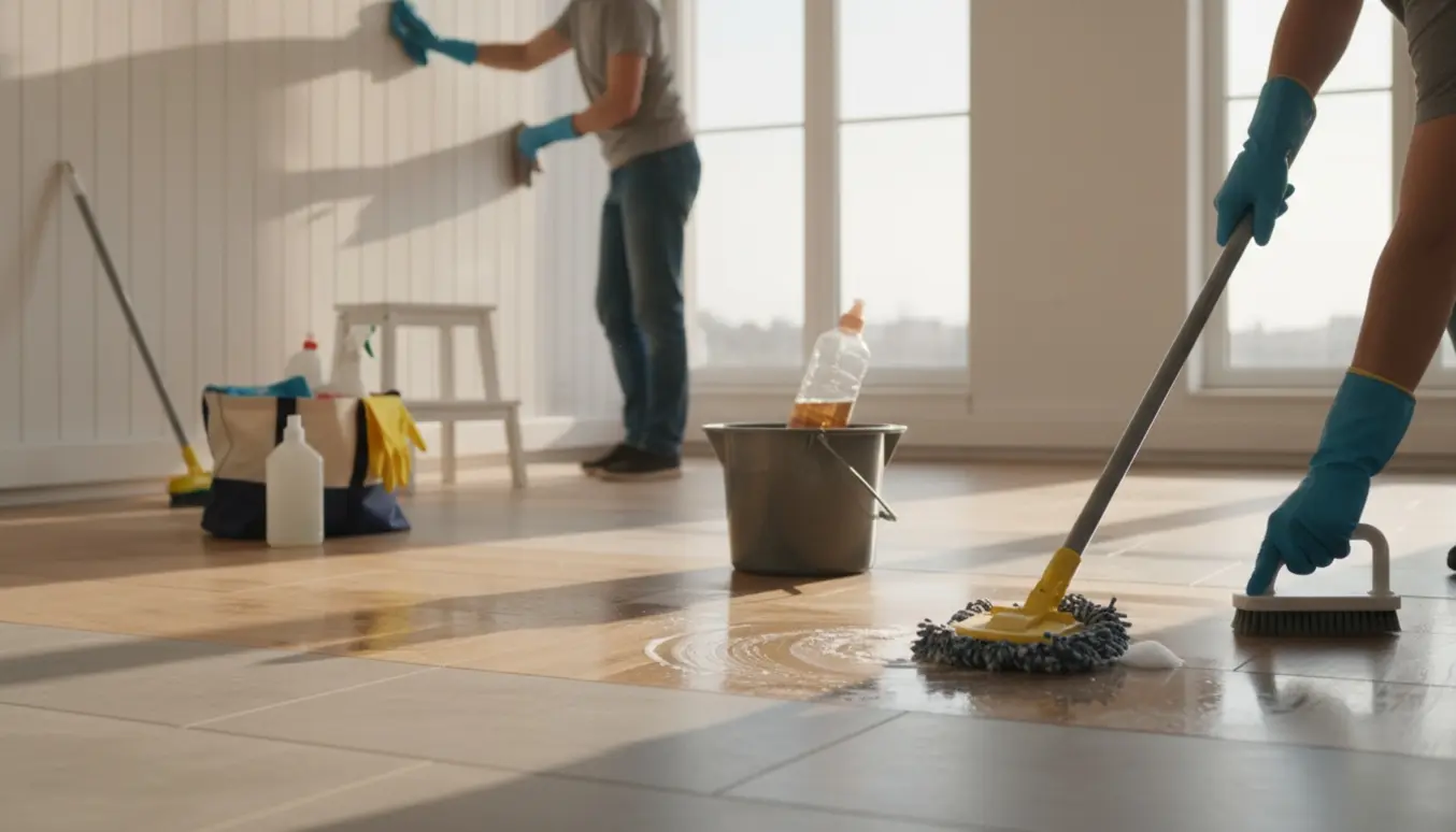 En beskåret person med handsker skurer gulv og aftørrer vægpaneler i en lys, åben bolig.