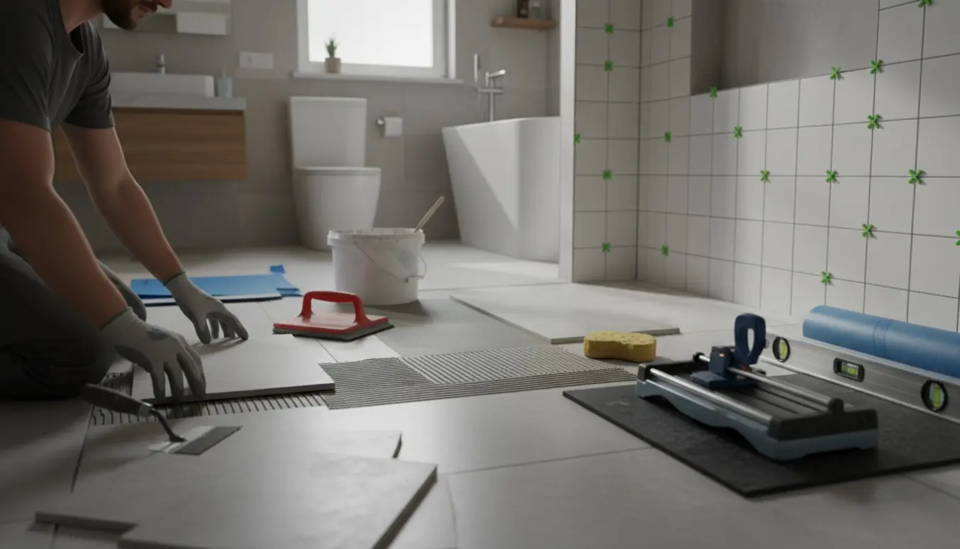 Halvt færdig fliselægning på badeværelsesgulv og i bruseniche med værktøj og materialer omkring.