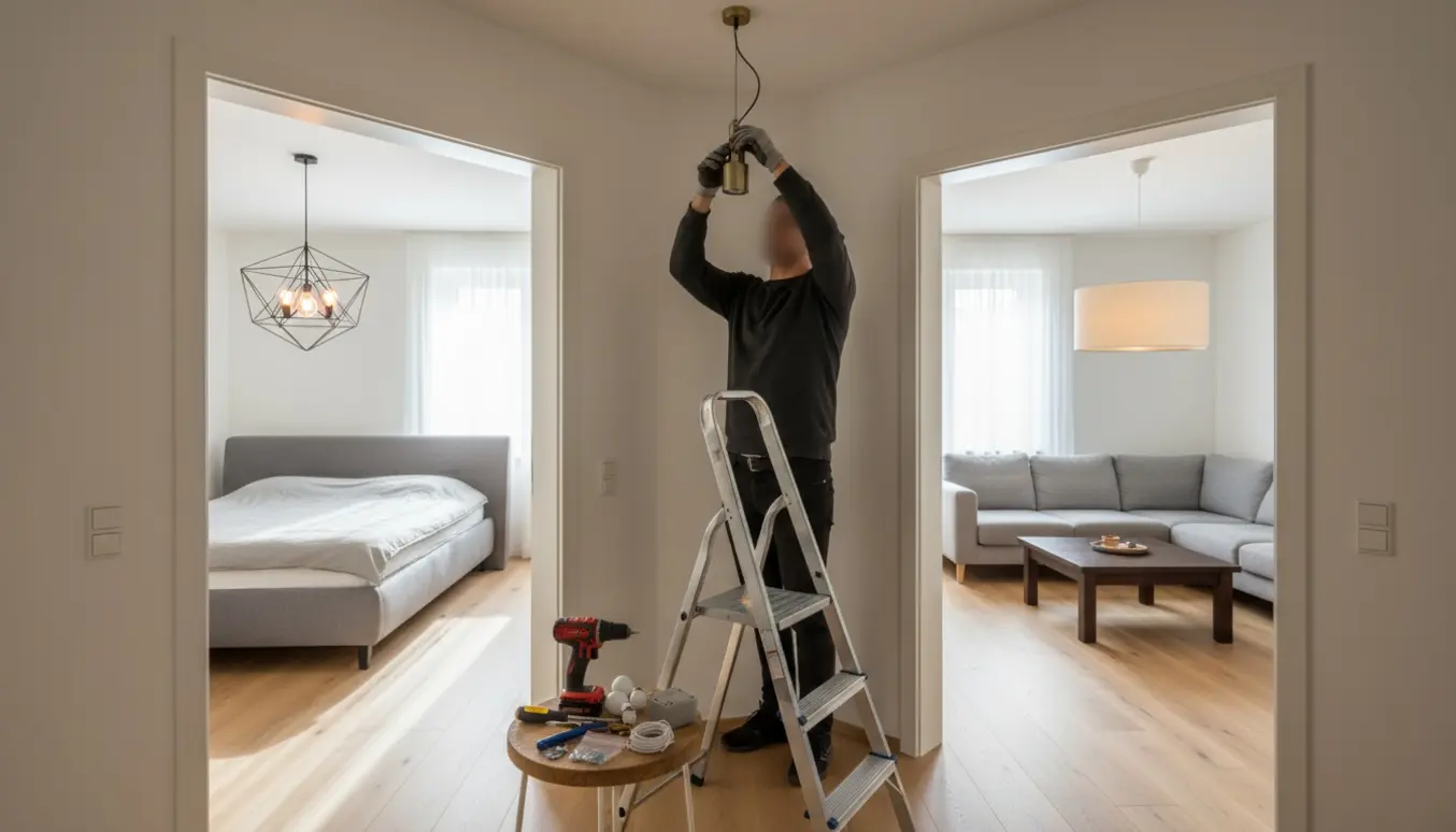 En person på en stige monterer en loftlampe i en lys gang med værktøj og to andre installerede lamper i baggrunden.