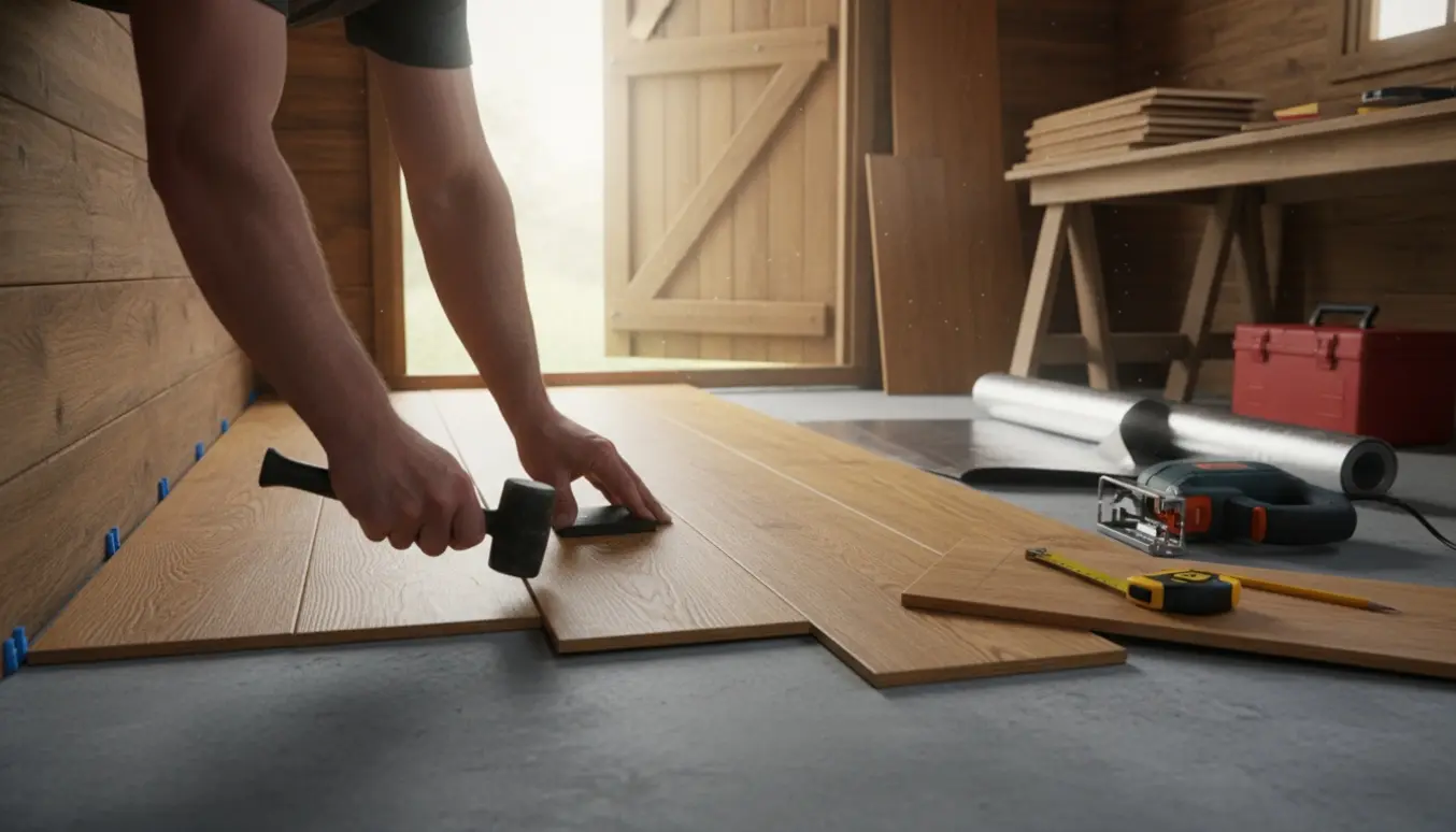 Hænder klikker laminatgulv fast på et støbt gulv i et lille skur med værktøj og sollys fra døren.