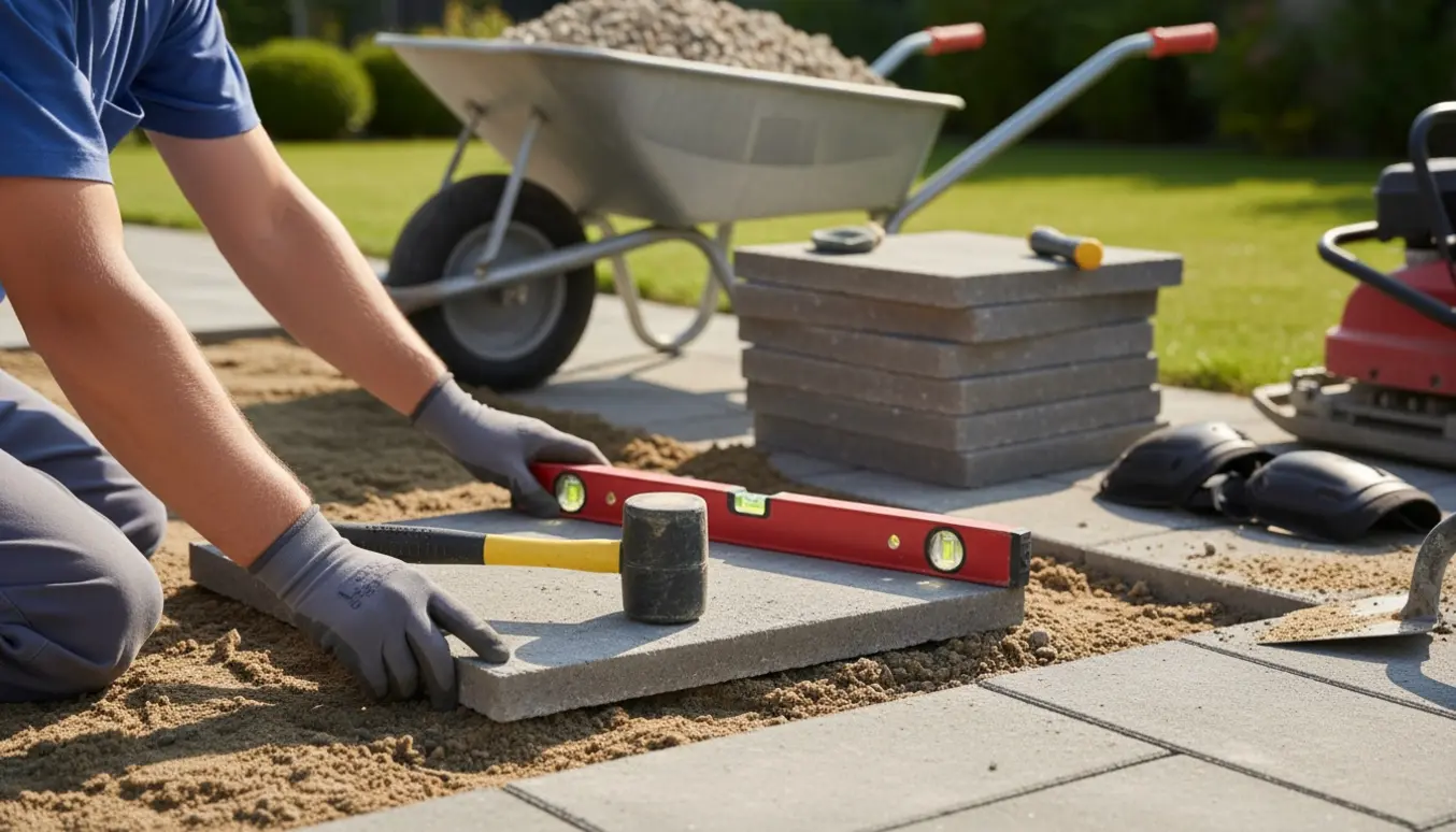 Nærbillede af handsker, der lægger 40x40 cm fliser på en lille havefliseplads.