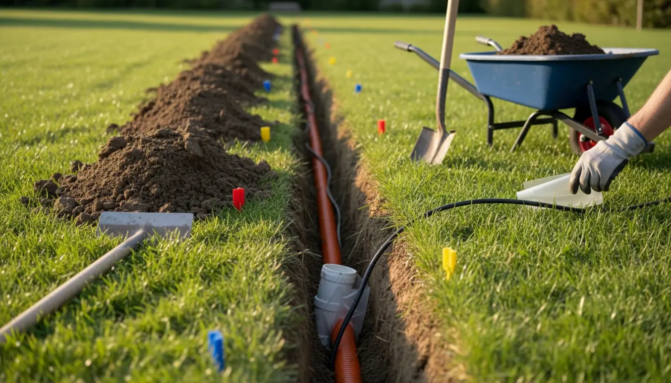 Friskgravet rende på en græsplæne med kabelrør, opgravet jord og værktøj, mens en handske beskytter et eksisterende kloakrør.