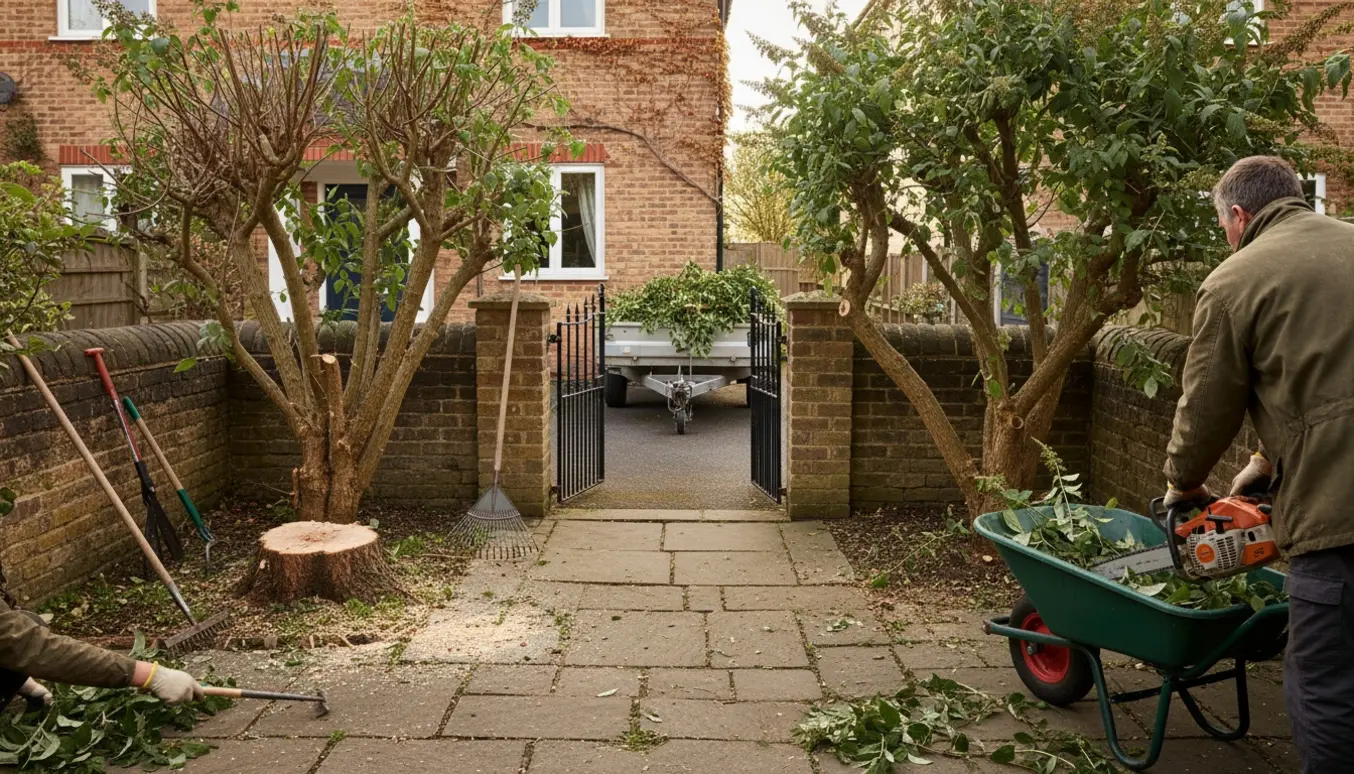 Gartner saver to høje, træagtige sommerfuglebuske ved en lille terrasse mens ukrudt fjernes fra fliserne.